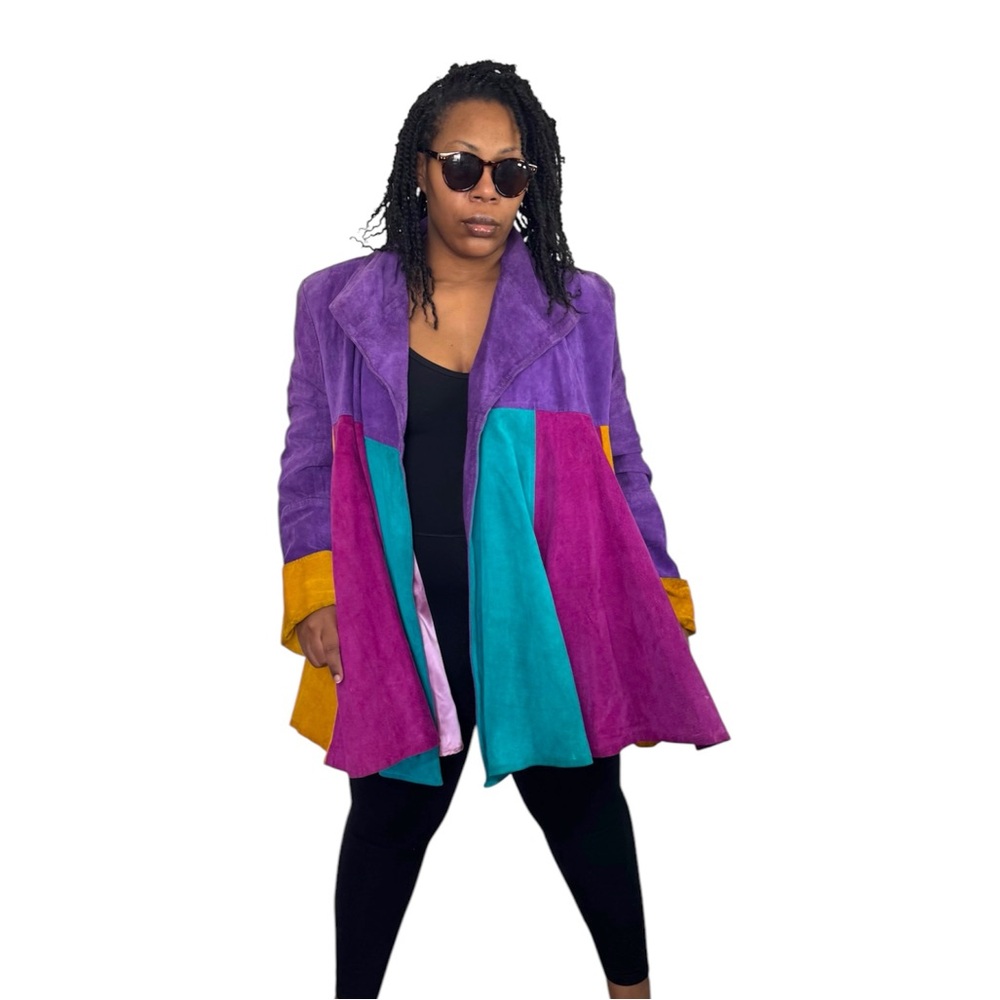 X by Ethnix Coat Vintage Suede Swing Color Block Open Front - Picture 2 of 11